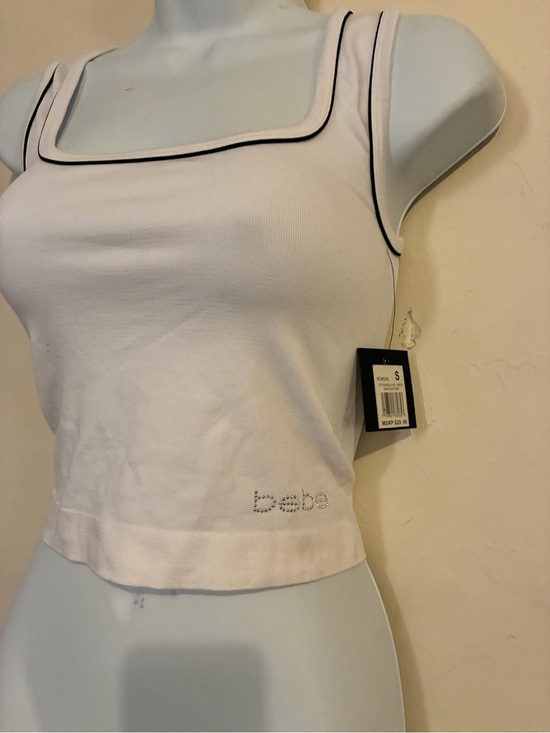 bebe Tops - bebe White Cropped Tank with Black Piping and Rhinestone Logo